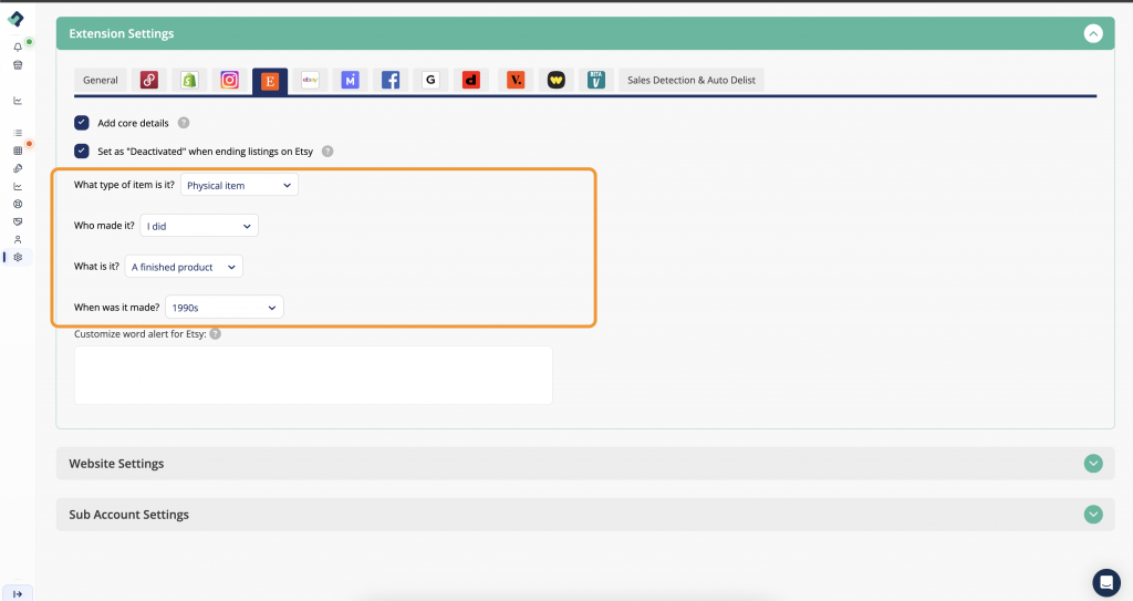 List Perfectly settings to set Etsy core details one time.
